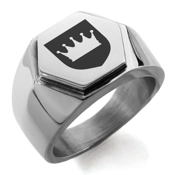 Stainless Steel Crown Royal Coat of Arms Shield Engraved Hexagon Crest Flat Top Biker Style Polished Ring