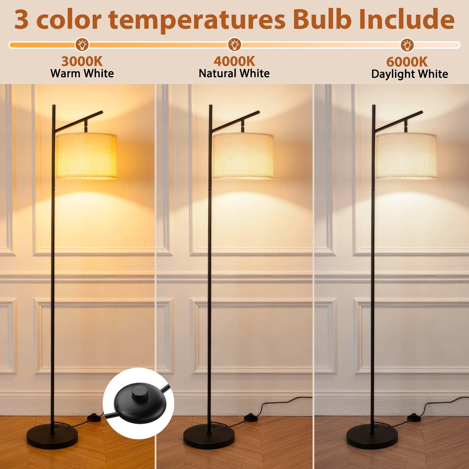 Floor Lamp, Arc Floor Lamps for Living Room Modern Standing Lamp with Linen Shade