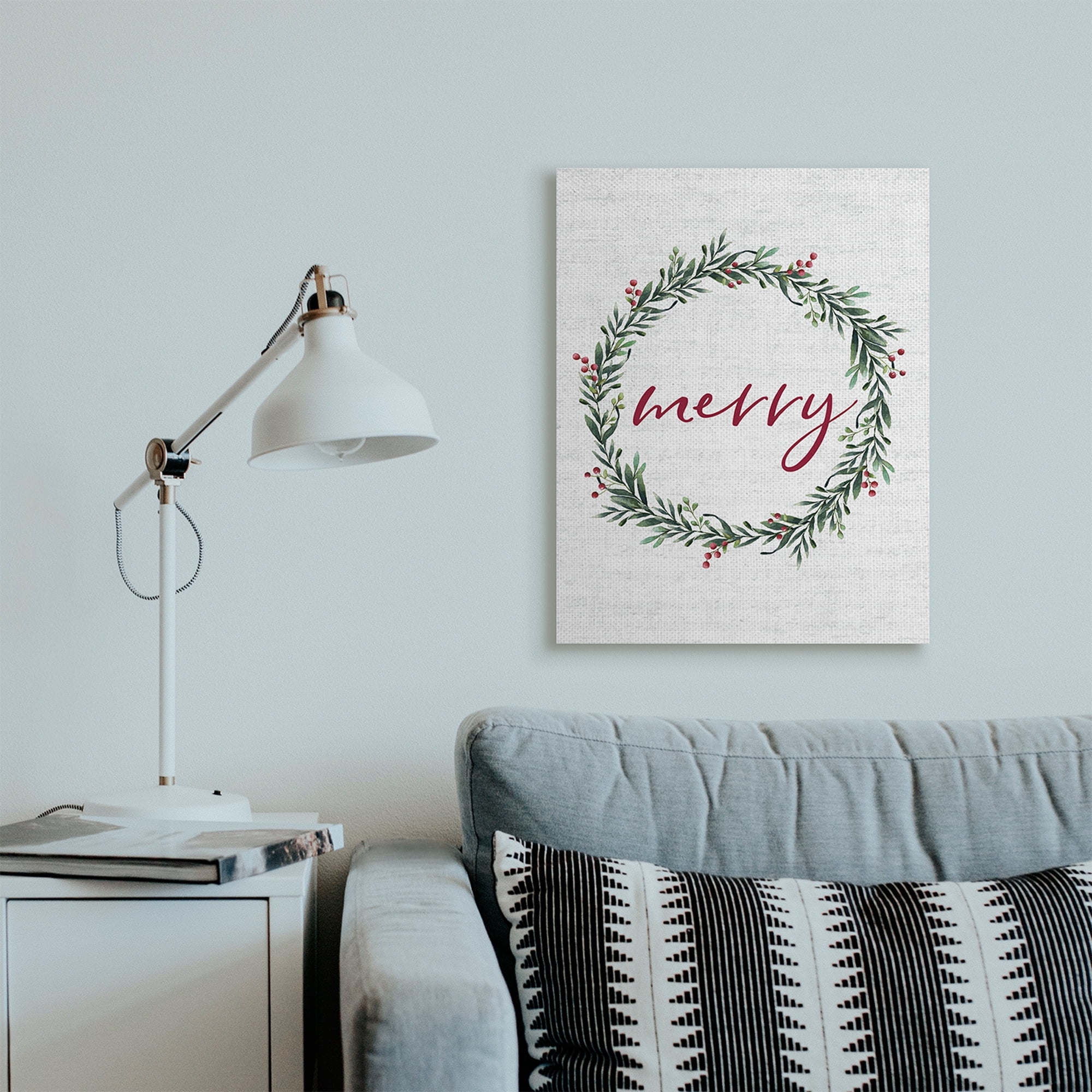 Stupell Industries Red Merry Text Festive Country Holiday Wreath Holiday Painting Gallery Wrapped Canvas Art Print Wall Art, 24 x 30