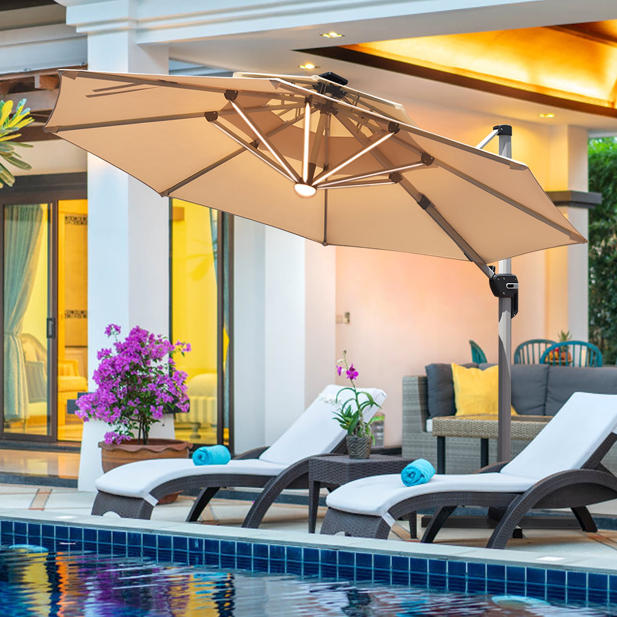 Costway 10ft Solar LED Patio Offset Umbrella 360Degree Rotation USB W