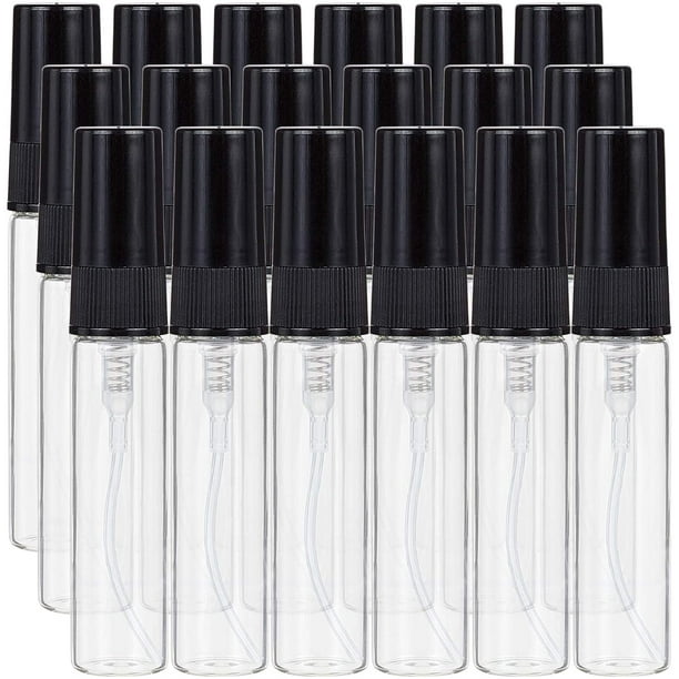 30 frascos de vidrio transparente de 5 ml con atomizador de niebla fina, vacíos, para viaje, con tapa de bomba negra.