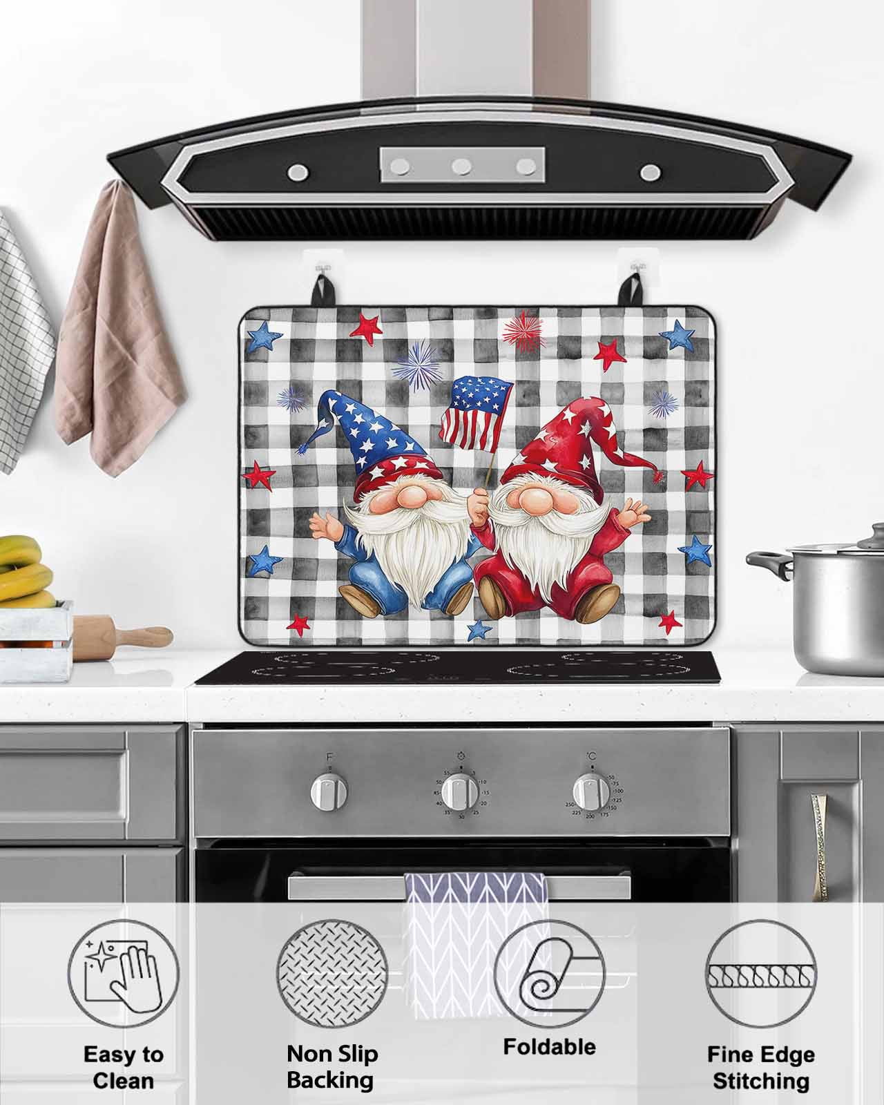 nqOlkjepod Large Induction Cooktop Protector Mat 36"x21", 4th of July Gnomes Stove Top Covers for Electric Stove, Star Independence Day Black Plaid Stove Burner Cover Mats, Glass Top Stove Cover