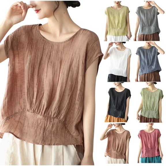 TAGOLD Summer Casual Tops,Plus Size T-shirt Blouse for Womens, Women's Summer Loose Small Flying Sleeves Chiffon Curling Short-sleeved Round Neck Tops/shirts,Short Sleeve Round-Neck Blouses & Shirts