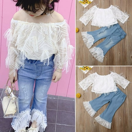 

Toddler Kids Baby Girl Summer Lace T-shirt Tops Jeans Denim Pants Outfits 2PCS Clothes Set 1-6 Years
