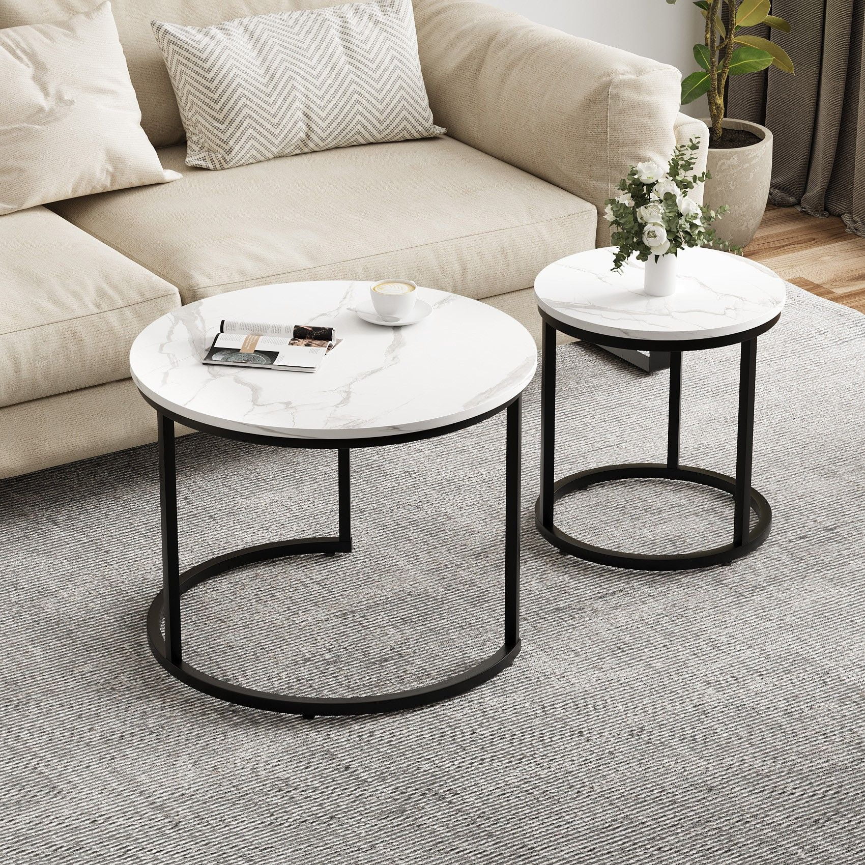Algherohein Round Nesting Coffee Table Modern Marble Top Set of 2 for Living Room White
