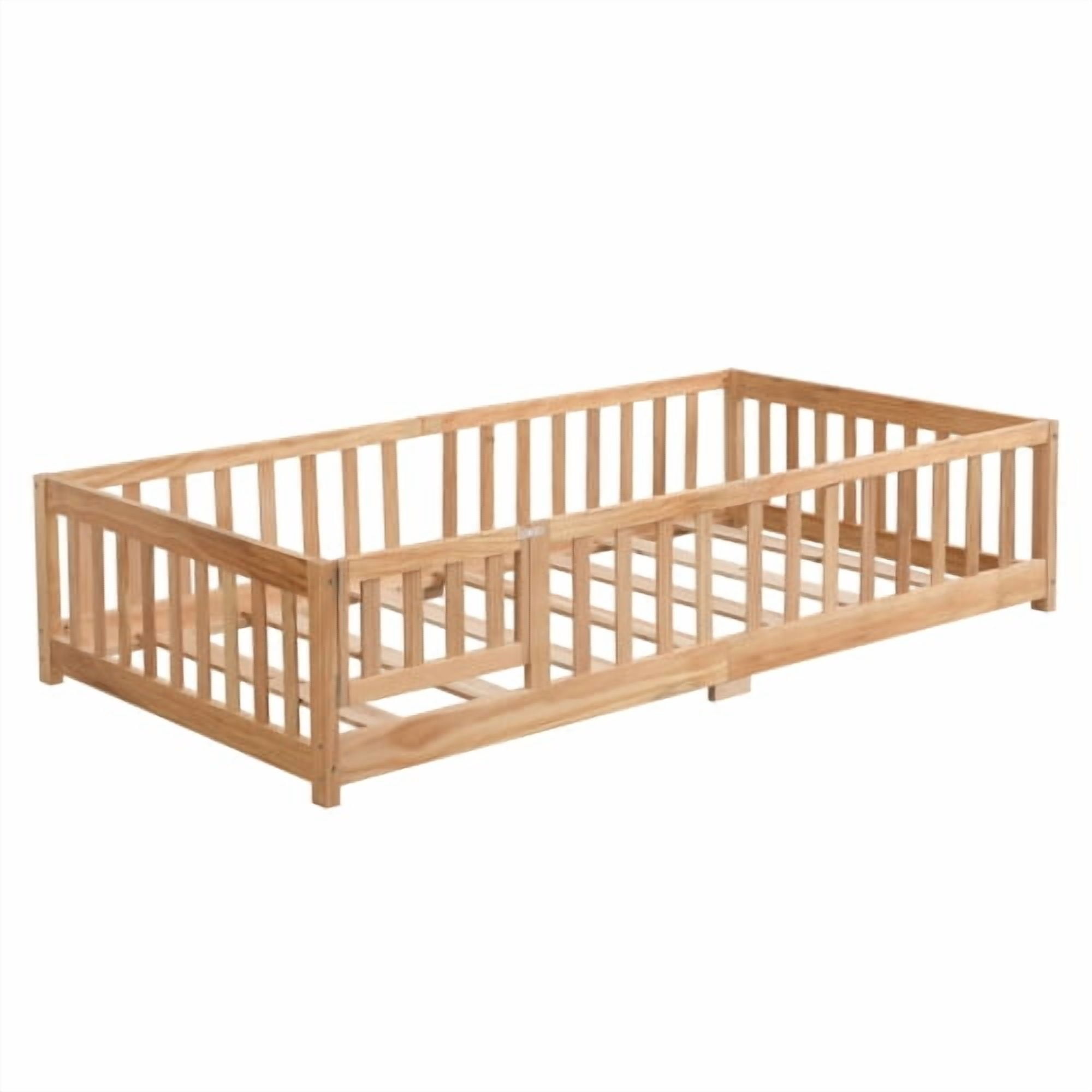 full Size Floor Bed with Door,Solid Wood Platform Bed Frame with Fence,Suitable for children,Pine Wood,Natural