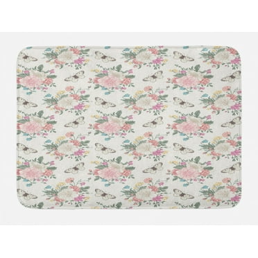 Shabby Chic Bath Mat, Peonies Sweet Peas Roses Bouquet and Butterflies Pastel Tones Bridal Theme, Non-Slip Plush Mat Bathroom Kitchen Laundry Room Decor, 29.5 X 17.5 Inches, Pale Pink Green, Ambesonne