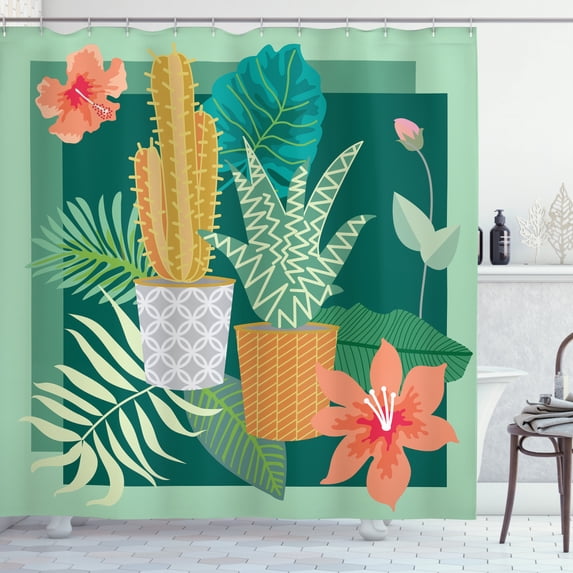 Succulent Shower Curtain, Hibiscus Blooms in Cacti Pots with Botanical Aloe Leaves Floral Urban Art Deco, Fabric Bathroom Set with Hooks, 69W X 84L Inches Extra Long, Multicolor, by Ambesonne