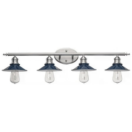 Hampton Bay Glenhurst 34 in. 4-Light Industrial Farmhouse Cobalt and Brushed Nickel Bathroom Vanity Light Fixture with Metal Shades
