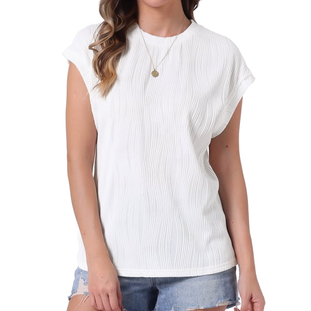 INSPIRAR CHIC Top Texturizado de Verano para Mujer con Mangas Cortas y Cuello Redondo, Suéter Casual Básico S Blanco