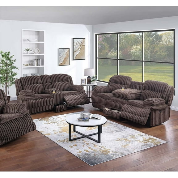 Plush Cushion Chocolate Corduroy Upholstered Manual Motion Sofa w Fold Down Table Loveseat w Console 2pc Manual Motion Set