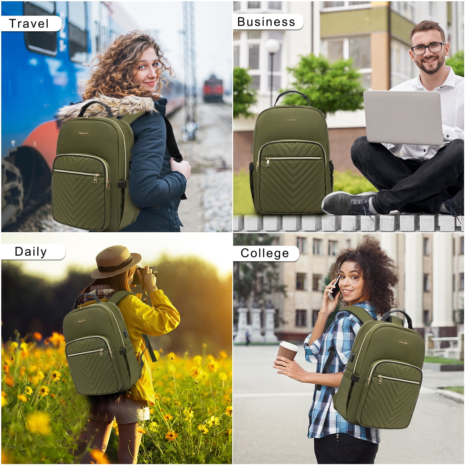 Lovevook Laptop Backpack for Women, 15.6" Quilted Travel Backpack with Anti-Thief Pocket, Teacher Backpack Book Bag Nurse Bag Purse with USB-ARMY Green