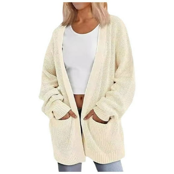 DuoJiaJ Autumn Winter Women's Loose Long Knit Cardigan With Pockets Cozy Sweater Outerwear For Women Womens Blouses Long Sleeve Beige L