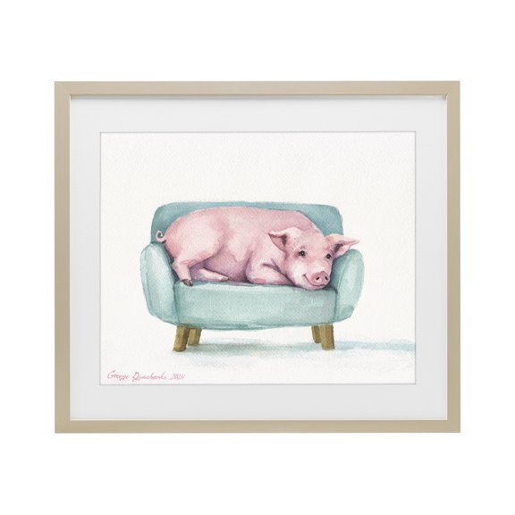 Stupell Industries Eclectic Cute Piglet on Armchair Birch Framed Print Under Glass, 16 x 13, by George Dyachenko