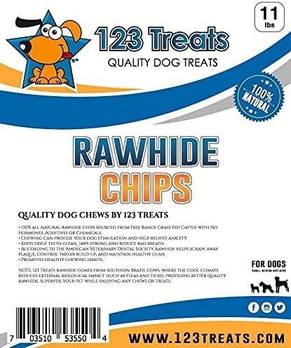 Premium Rawhide Chips (11 lbs - Bulk) Long-Lasting Beef Chews for Dogs, Boost Oral Health by 123 Treats