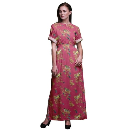 

Bimba Rayon Black Berry & Yellow Sparrow Bird Printed Womenâ€™s Long MaxiÂ DressÂ Gown With Side Slit-Large