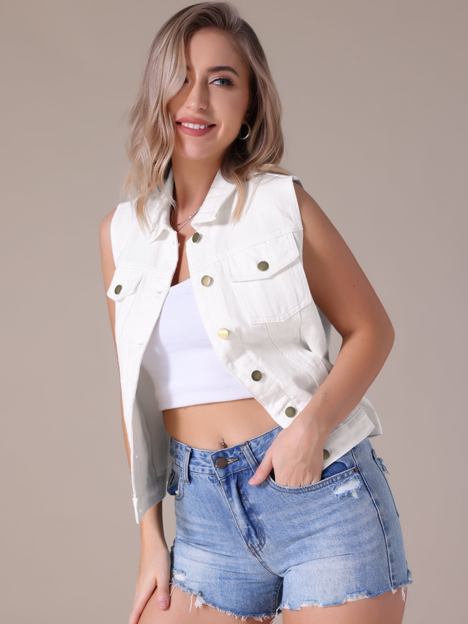 DARING DIVA Womens Denim Vest Button Down Jacket Sleeveless Jean Jacket M White