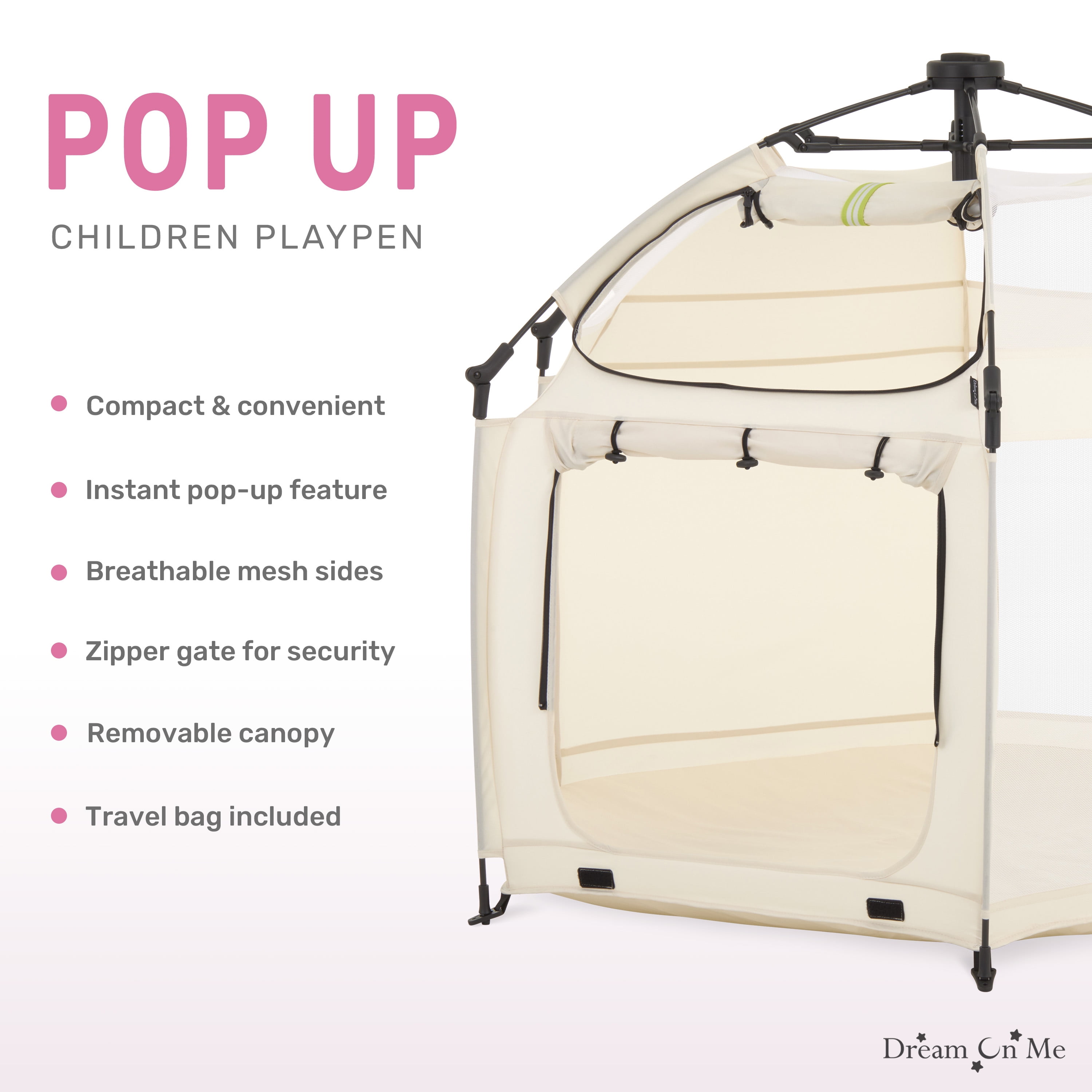 Dream On Me Pop Up Children Playpen, Easy Set-Up- Indoor Play House and Outdoor Play Tent with Canopy Cover, French White
