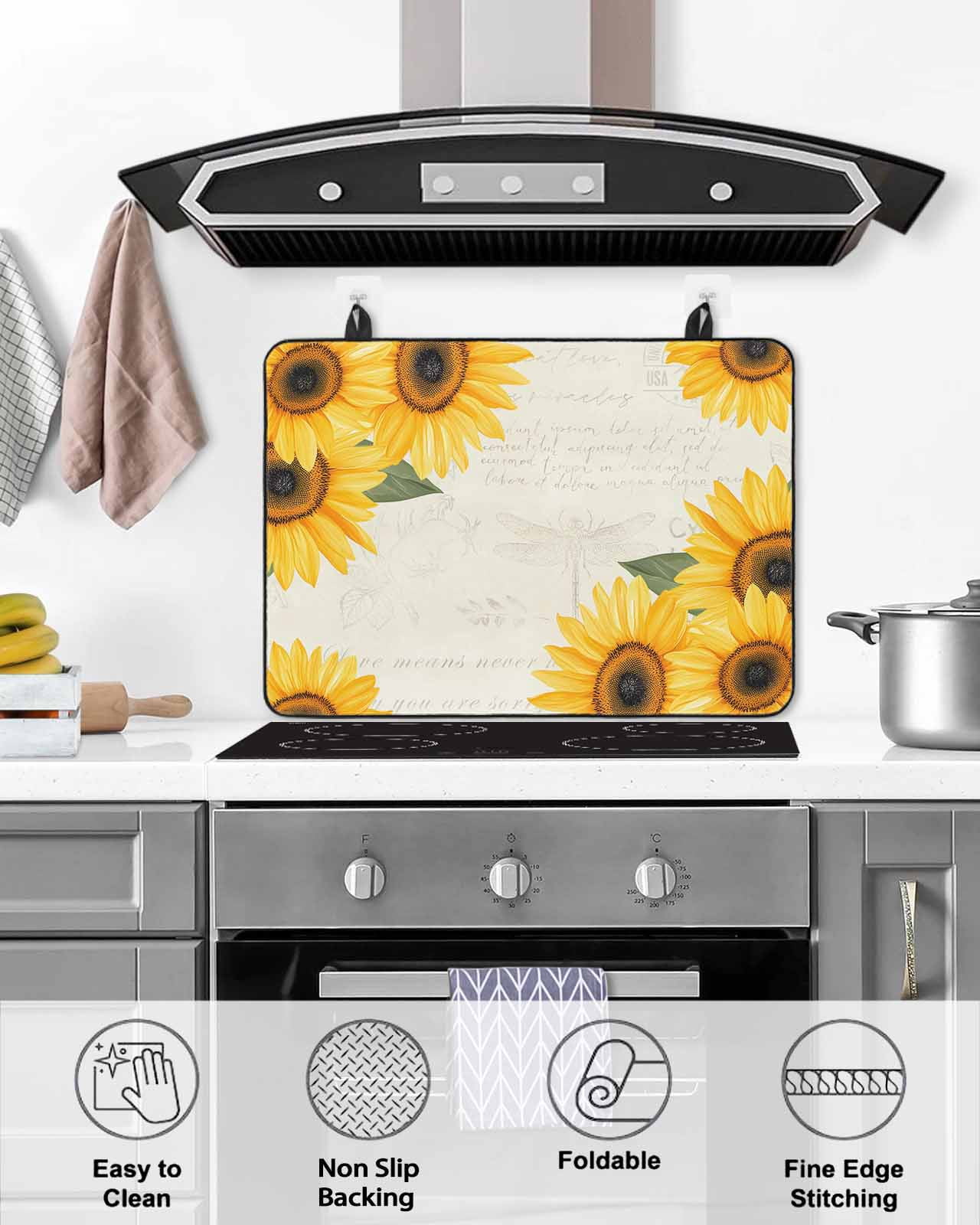 nqOlkjepod Large Induction Cooktop Protector Mat 24"x21", Sunflower Retro Stove Top Covers for Electric Stove, Spring Summer Retro Botanical Floral Stove Burner Cover Mats, Glass Top Stove Cover