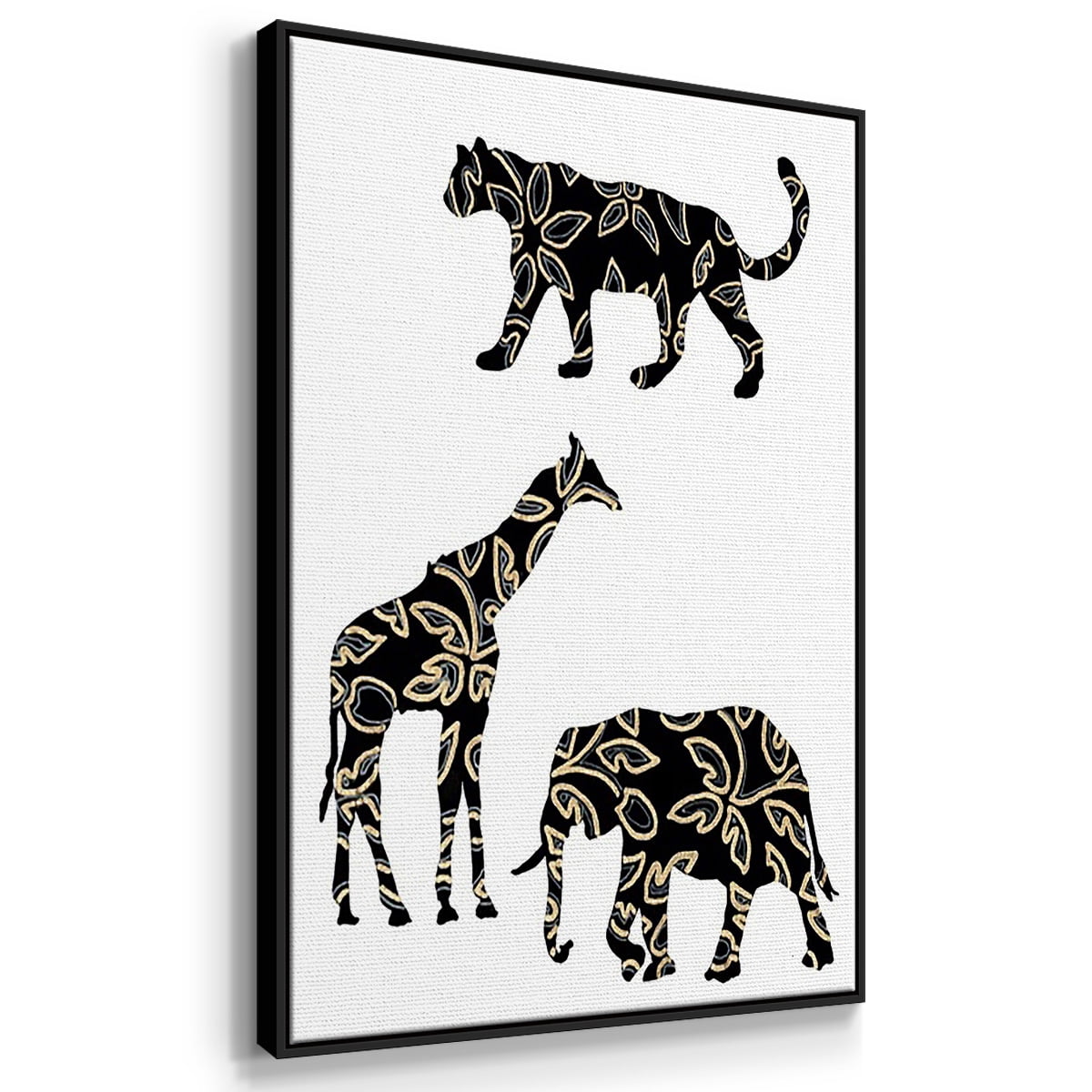 Ornamental Safari Animals I - Framed Premium Gallery Wrapped Canvas L Frame 3 Piece Set - Ready to Hang