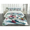 thumbnail image 3 of Ambesonne Cat Quilted Bedspread Set 3 Pcs, Snowy Cartoon Skiing Kitties, Queen Size, Pale Blue Raspberry White, 3 of 5