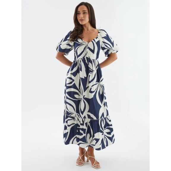 Women's Floral Print Maxi Dress,Puff Short Sleeve Smocked Back Tiered Flowy Midi Sundress for Casual Vacation