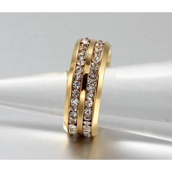 Punk Vintage Jewelry Two Rows CZ Stone Wedding 14K Yellow Gold Ring for Man Woman