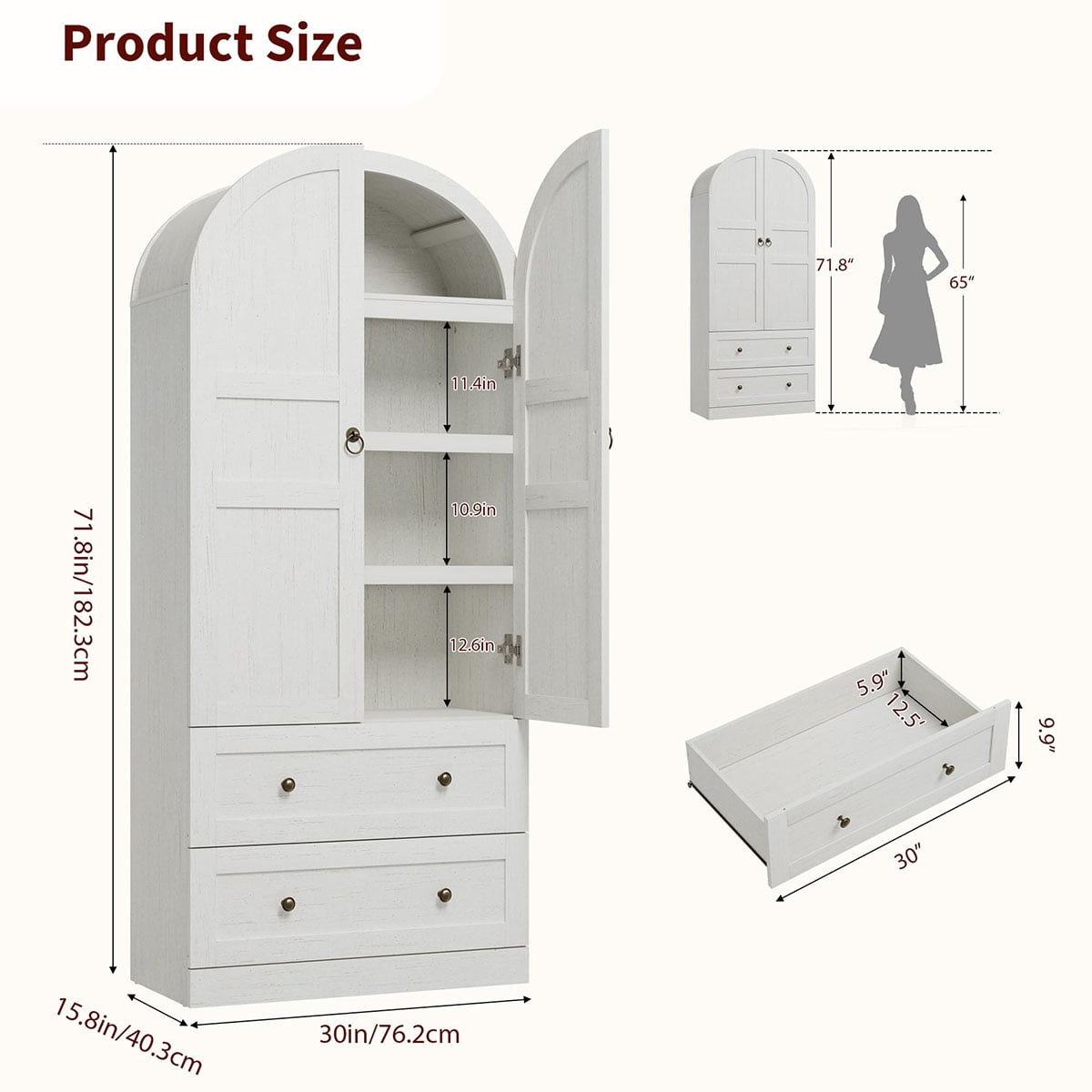 Ataucjin 72" Tall Arched Kitchen Pantry Cabinet, Farmhouse Wood Pantry Storage Cabinet with 2 Large Drawers, Wood Door, Freestanding Versatile Pantry Cabinets for Dining, Living Room
