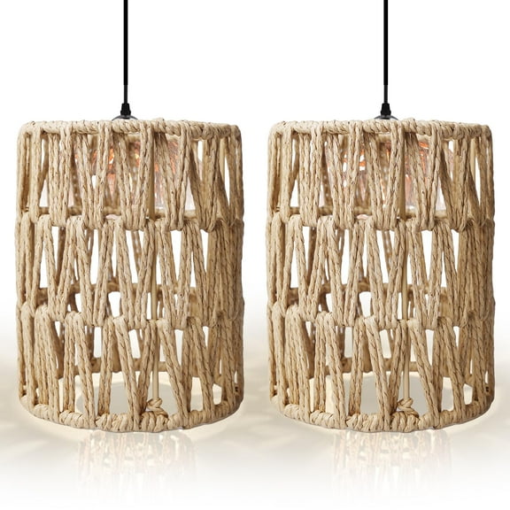 Rattan Lampshade: 2 Pack Boho Style Woven Rattan Pendant Light Shades, Natural Rattan Light Cover, Cylinder Woven Lampshade