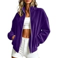 thumbnail image 2 of Smupbvky Womens Velour Zip Up Bomber Coat Stand Collar Long Sleeve Oversized Jacket Fall Winter Casual with Pockets (2XL, Purple), 2 of 8