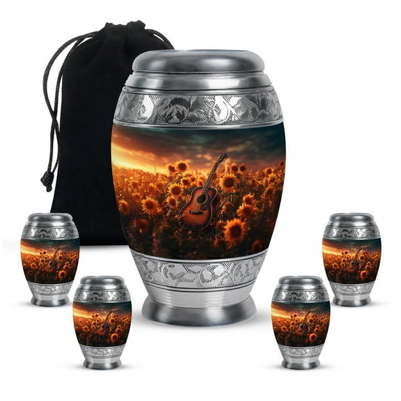 MUKTIVE Guitar Keepsake Cremation Urns for Human Ashes Male - Sunflowers Large Funeral Urns for Adult Ashes Men - Cremated Remains Containers - Memorial Gift for Loss of Dad (1 Large & 4 Keepsake)