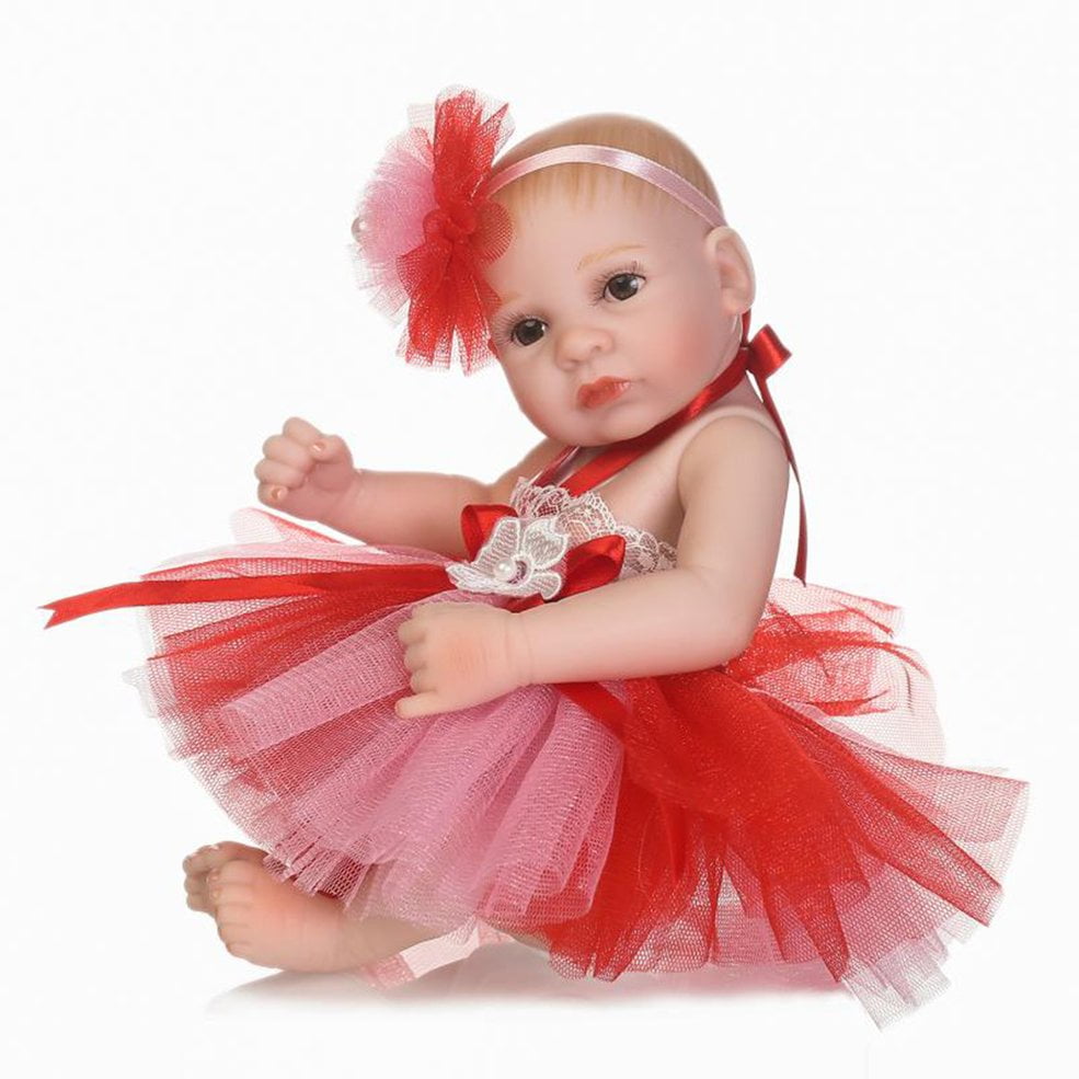 26CM Red Dress Full Body Silicone Reborn Girl Baby Doll Toys Newborn