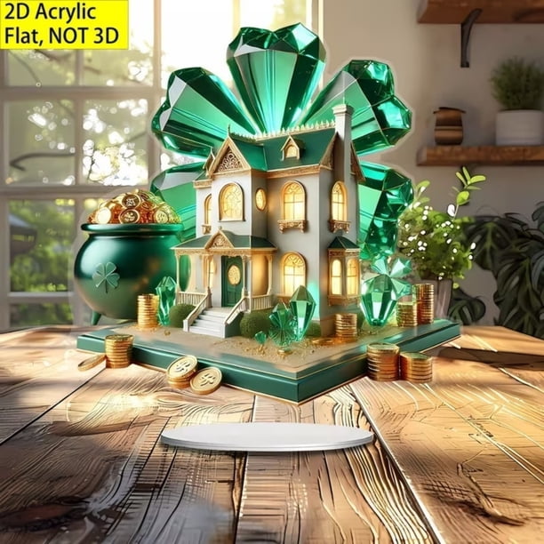 Adorno de mesa acrílico elegante de cuatro hojas de cristal verde plano para el Día de San Patricio.