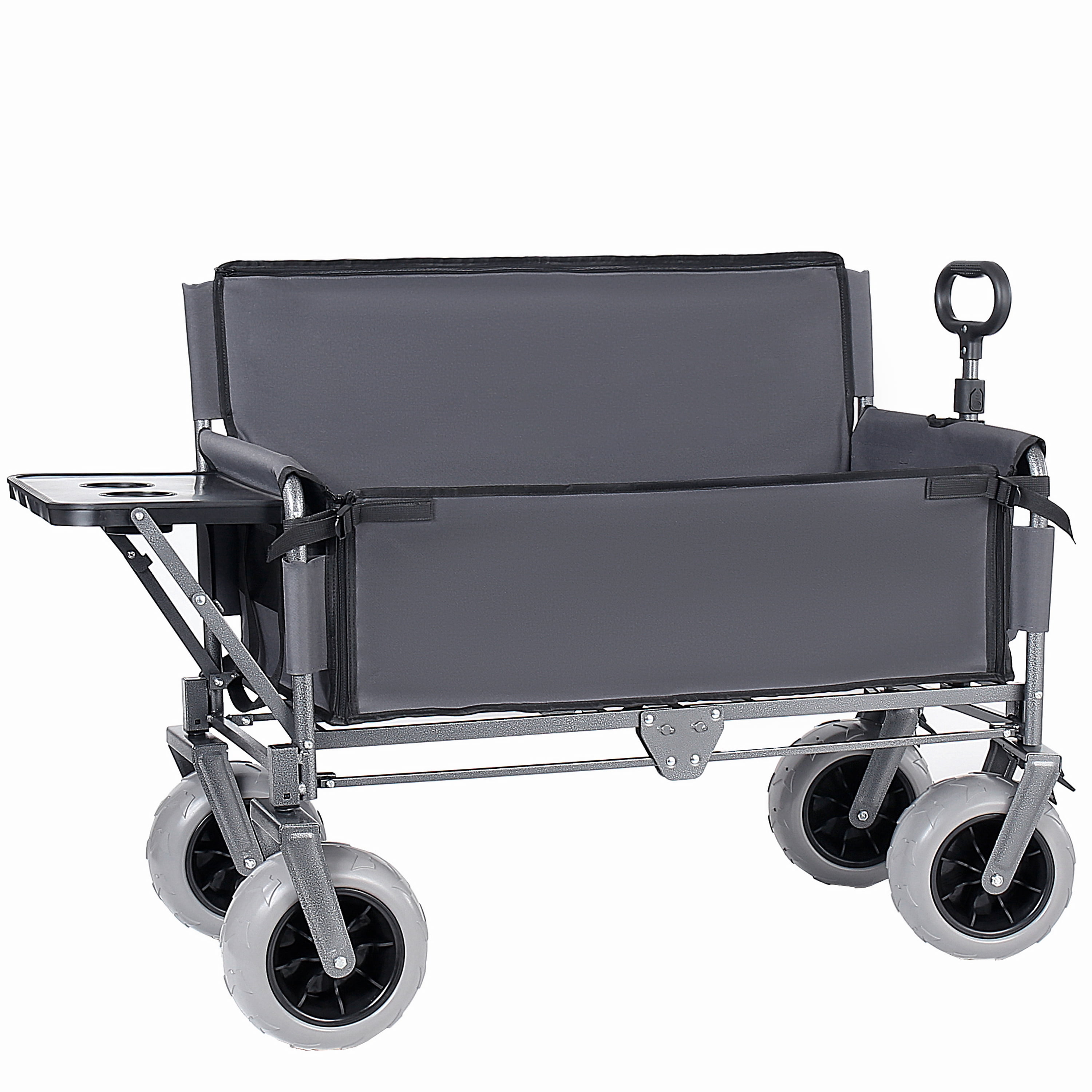 3-in-1 Collapsible Folding Wagon Cart Gray, Convertible Bench with Rear Folding Tabletop & Cup Holders, 180L Large Capacity, 360°Swivel All-Terrain Wheels for Camping, Beach, Garden, Fishing