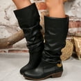 thumbnail image 2 of Slouchy Long Fall Boots for Women Retro Leather Chunky Heel Pull on Mid Calf Boots with Strappy Decor, 2 of 9
