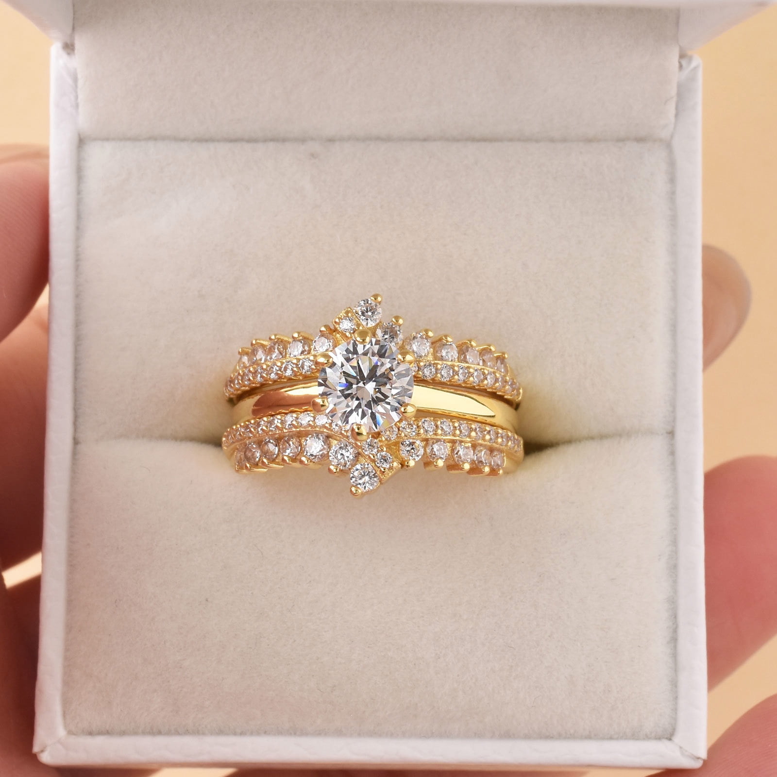 Newshe Jewellery Wedding Rings for Women Ring Enhancer Band Bridal Set Sterling Silver Yellow Gold Plated Cz Size 5.5