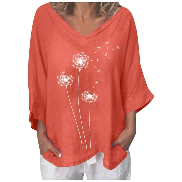 Blouse pour Femmes Col en V Manches 3/4 Coton Lin avec Imprimé Pissenlit