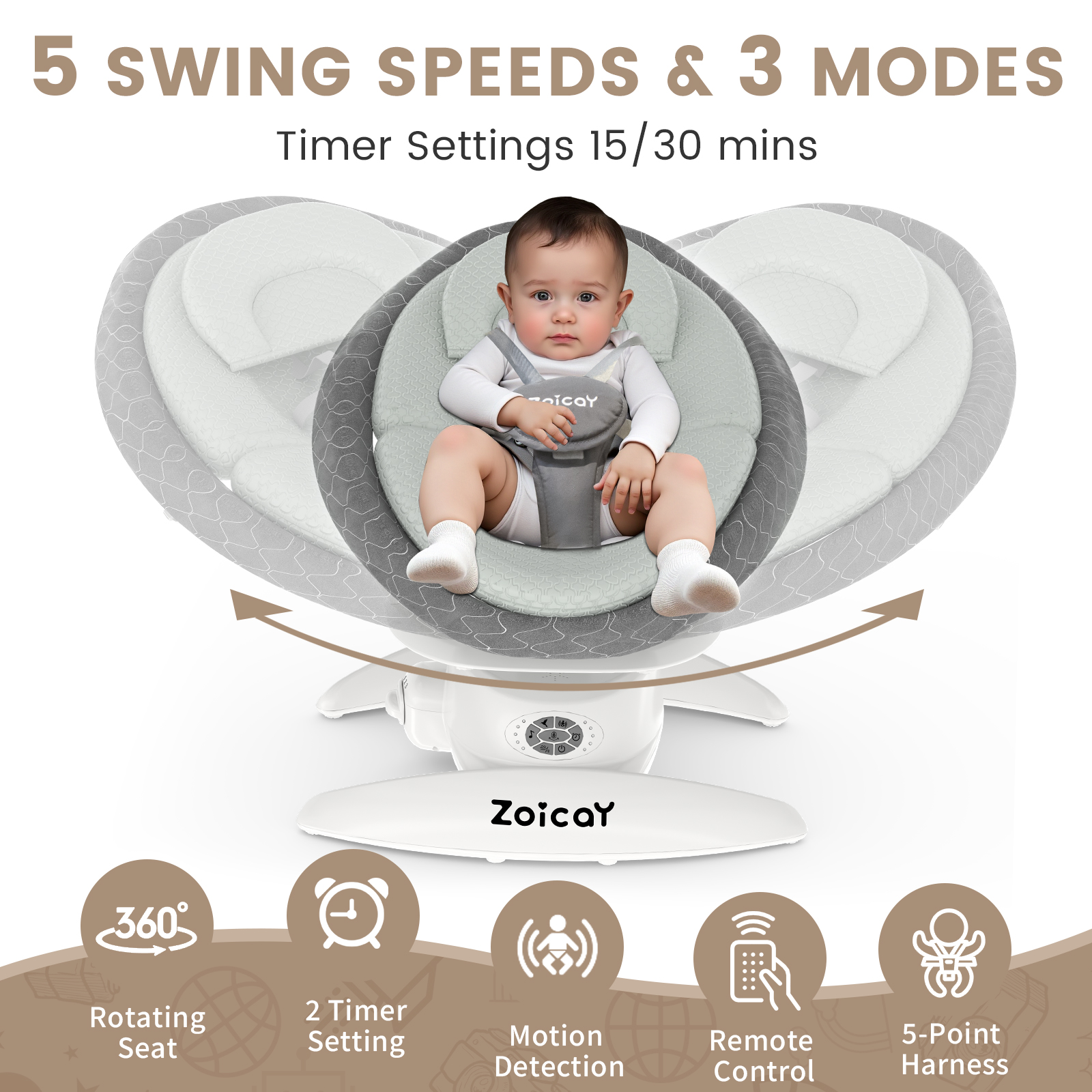 Zoicay Baby Swing, Baby Rocker Stationary Seat Infants Swing 3-IN-1 Design, Motion Detection, 5 Speeds & 3 Modes, 12 Melodies & Bluetooth Music, Gray