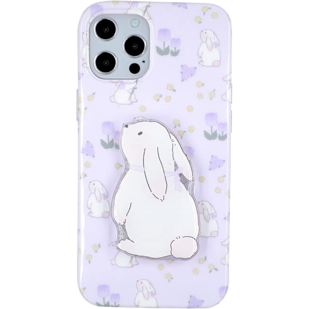 Funda de teléfono con diseño de conejito floral morado compatible con iPhone 13, bonita funda de dibujos animados de flores de tulipán y conejo coreano en 3D con soporte para conejo para mujeres y