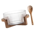 thumbnail image 4 of Envalga de vidrio Tazón de fruta decorativa con base de madera Servir ensalada de tazón para servir utensilios para la mesa de la mesa sala de estar, 4 of 8