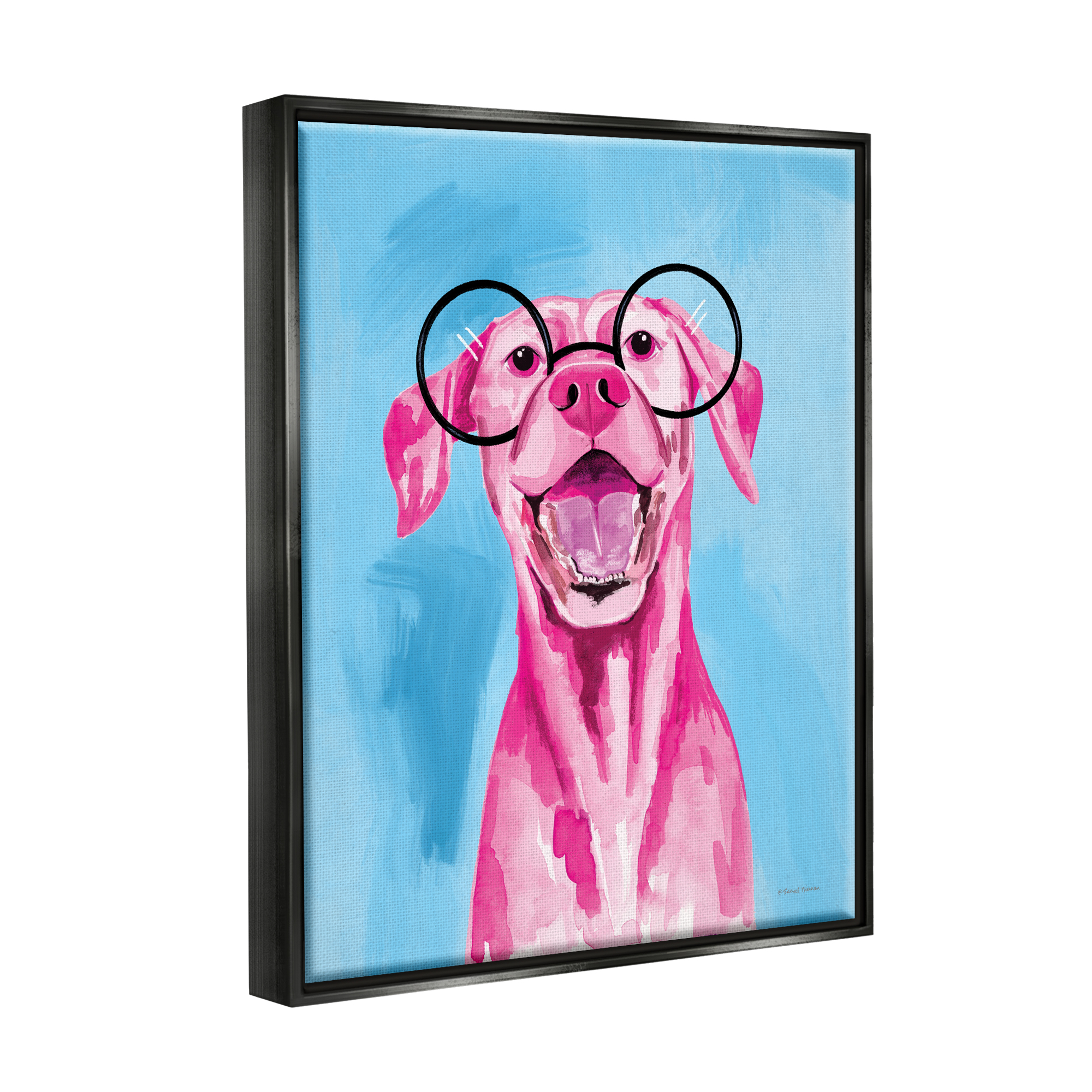 Stupell Industries Pink & Blue Happy Dog Animals & Insects Painting Black Floater Framed Art Print Wall Art, 17 x 21