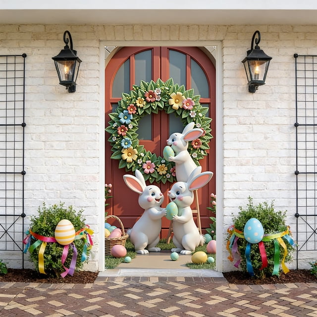 Yhmxh Guirnalda de Pascua para puerta, Guirnalda de Feliz Pascua para porche, Guirnalda de conejo para porche, Letrero de bienvenida, Decoración para puerta principal, Huevos de Pascua colgantes de