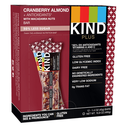 KIND Bars, Cranberry Almond + Antioxidants with Macadamia Nuts, Gluten Free, Low Sugar, 1.4oz, 12