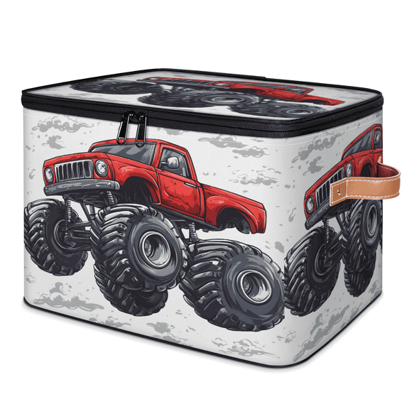 CURLYOOT Cartoon Monster Truck Storage Bin with Zipper Lid, Fabric Decorative Lidded Storage Baskets Boxes, Foldable Organizer Container Basket for Bedroom Closet Shelf