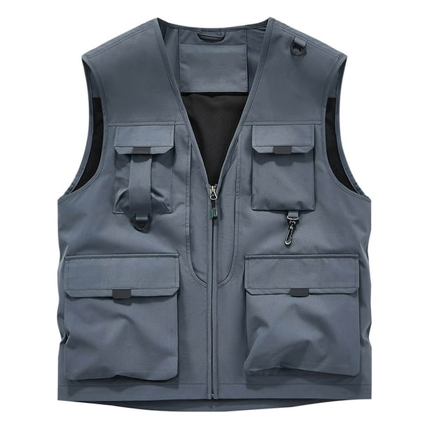 V Cuello Tanque sin Mangas Chaqueta de Trabajo Color Sólido Multi Bolsillo Abrigo para los Hombres, Moda Casual Chaleco de Utilidad