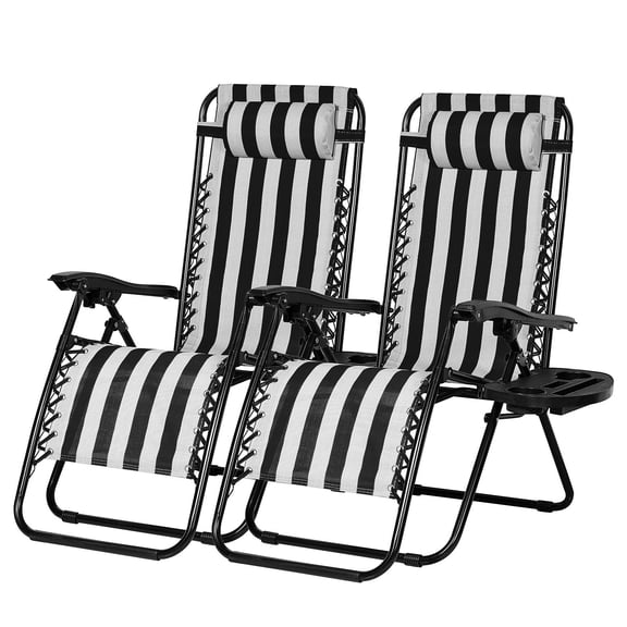 Adjustable Zero Gravity Lounge Chair Recliners Set of 2, Folding Steel Mesh Patio Chairs with Removable Headrest Pillows and Side Cup Holder Trays, Outdoor Garden Lawn Deck Seating