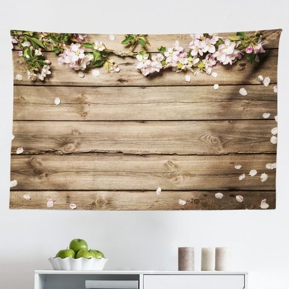 Rustic Wood Tapestry, Jasmine Flower on The Table Retro Style Composition, Fabric Wall Hanging Decor for Bedroom Living Room Dorm, 2 Sizes, Brown Green, by Ambesonne