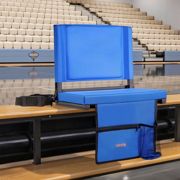 Padded Stadium Bleacher Seat with Backrest - Portable Folding Chair with Carry Strap, Cup Holder, Storage Pocket & Hooks, Blue