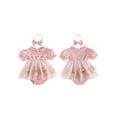 thumbnail image 2 of Cenuakty 2Pcs 0-18M Infant Baby Girl Outfit Short Sleeve Frill Neck Floral Embroidery Layered Tulle Romper Dress and Bow Headband Set, 2 of 9
