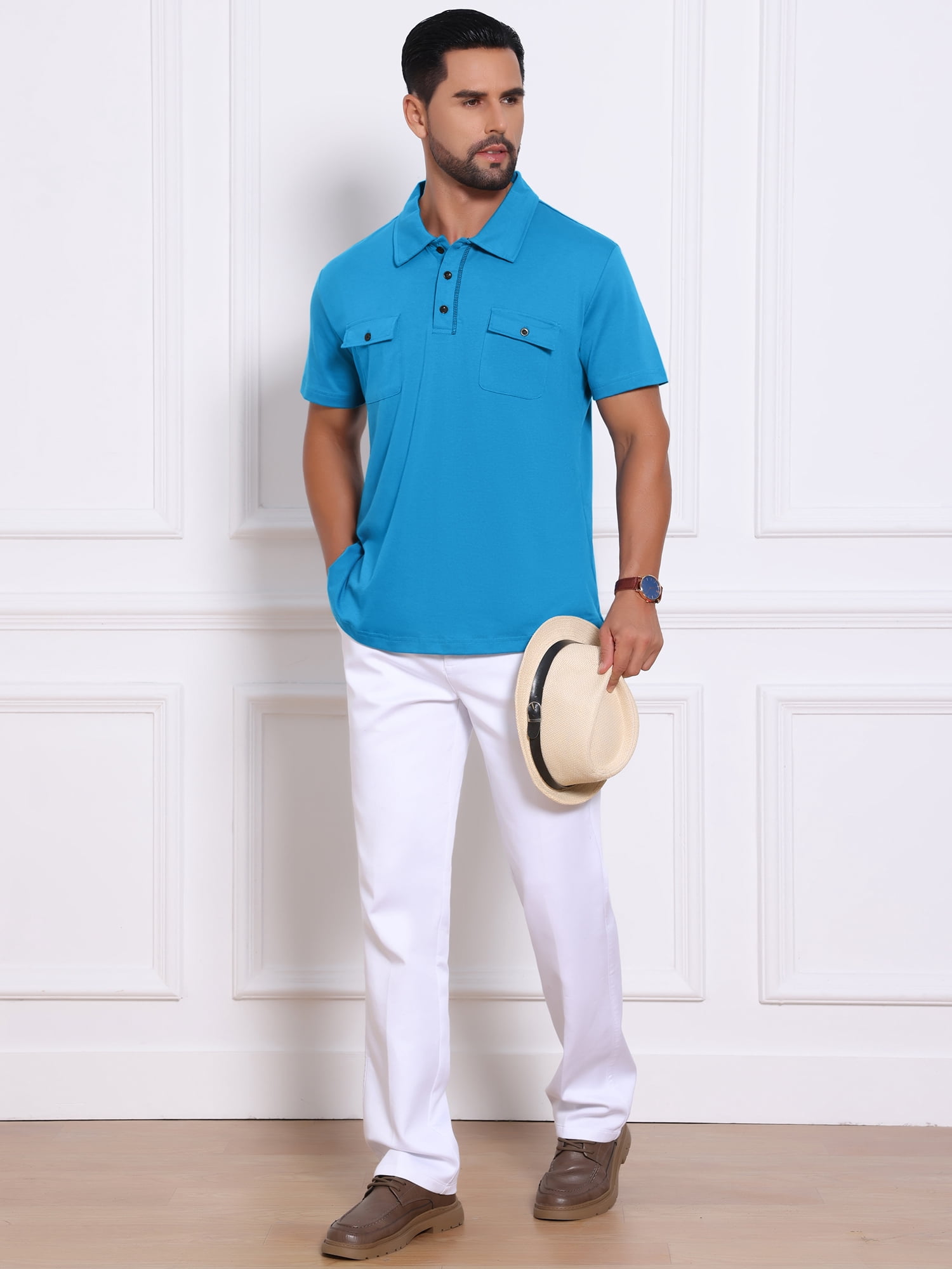 DARING DIVA Men's Collared Short Sleeve Double Chest Pockets Polo Shirt XL Blue